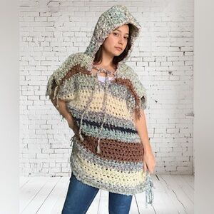 NEW Handmade Crochet Poncho with Hoodie One Size Cozy Boho Shawl Wrap